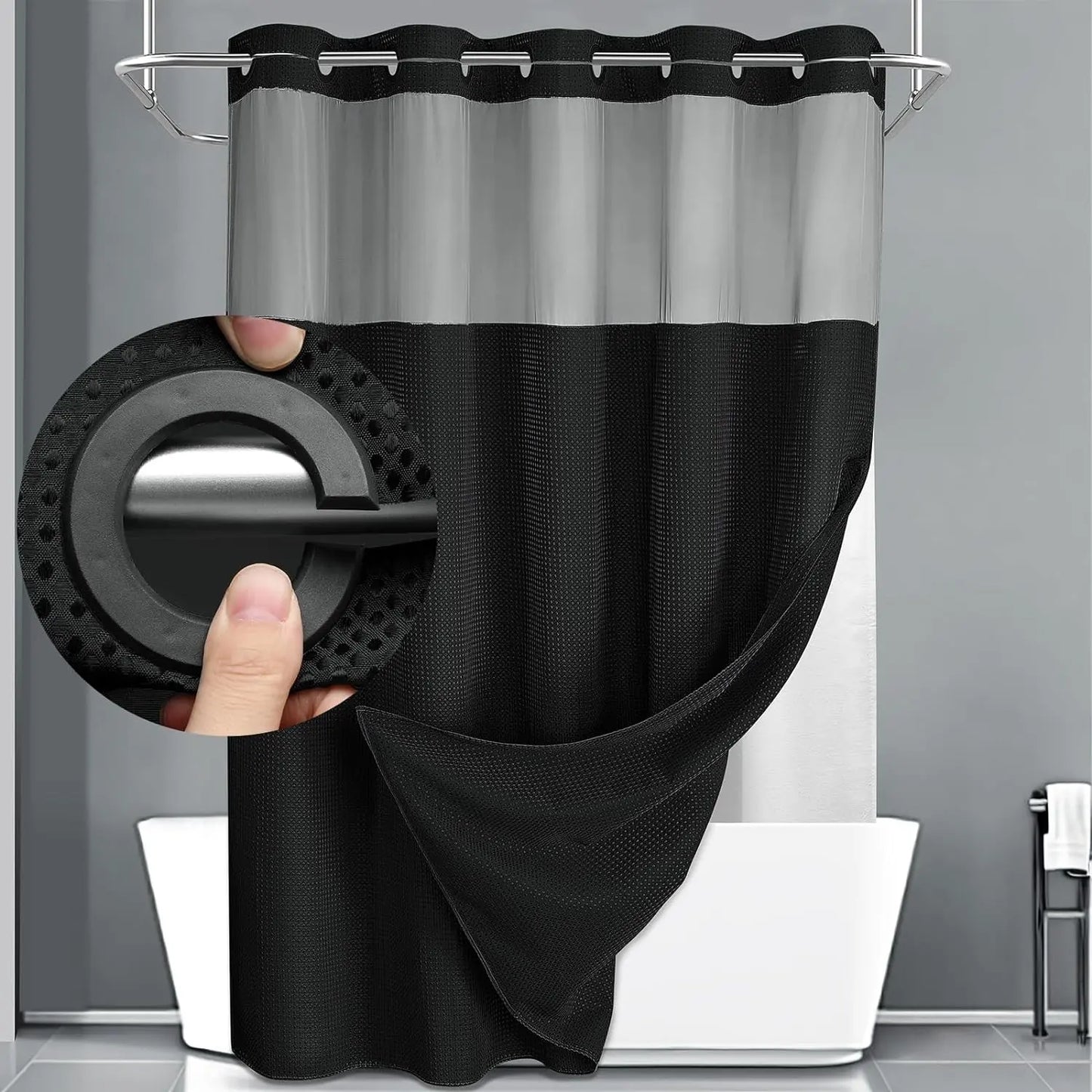 Hotel Style No Hook Shower Curtain Set – Double Layer Waterproof Fabric with Removable Snap-In Liner, 72"x75", Wrinkle & Mold Resistant
