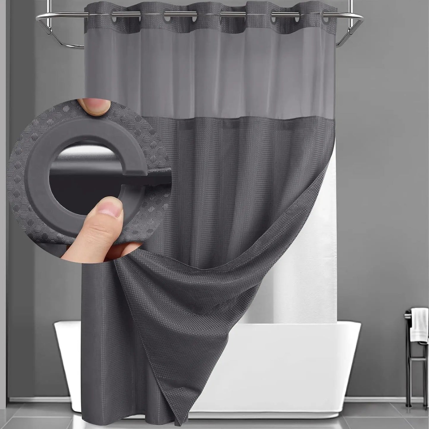 Hotel Style No Hook Shower Curtain Set – Double Layer Waterproof Fabric with Removable Snap-In Liner, 72"x75", Wrinkle & Mold Resistant