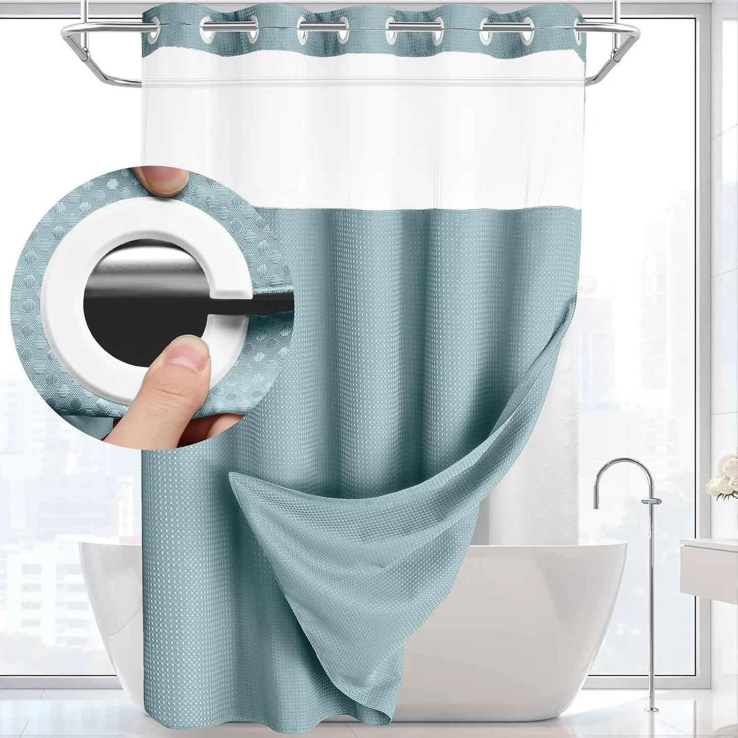 Hotel Style No Hook Shower Curtain Set – Double Layer Waterproof Fabric with Removable Snap-In Liner, 72"x75", Wrinkle & Mold Resistant