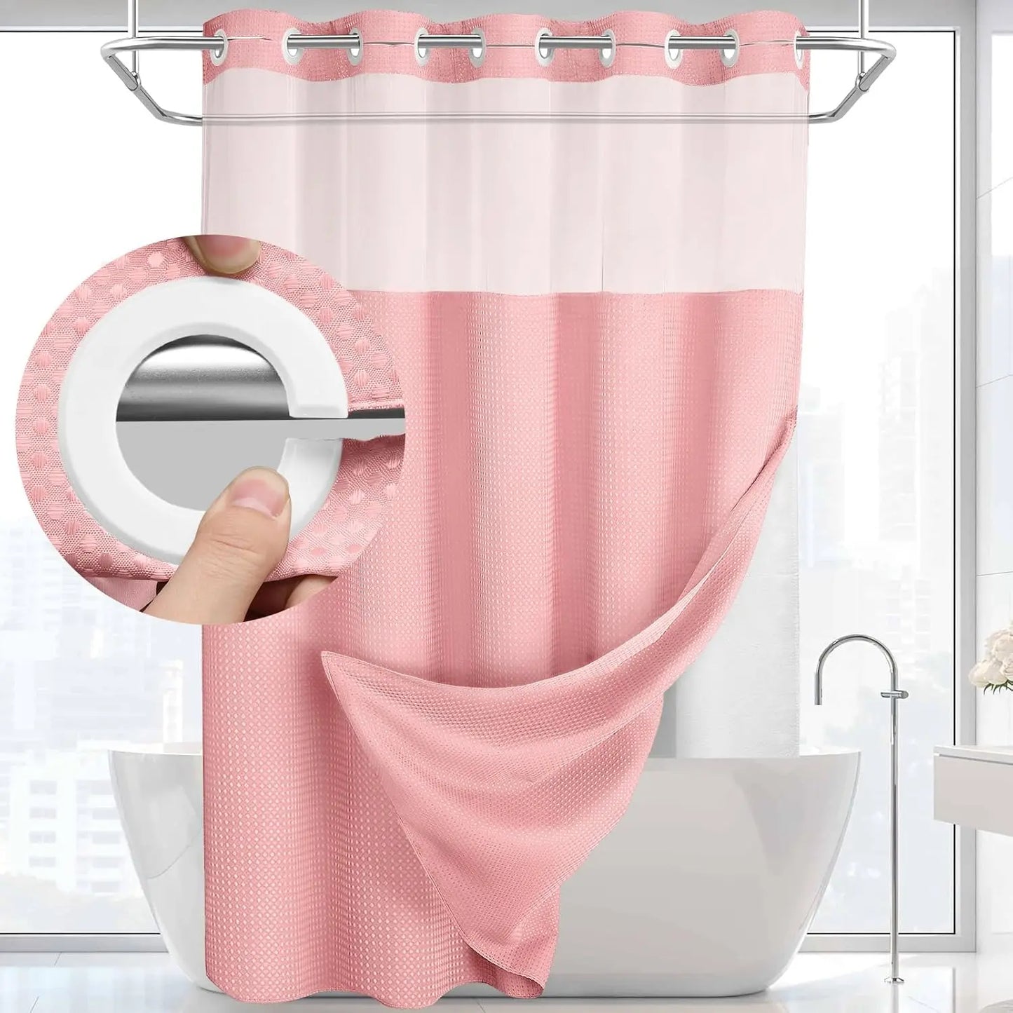 Hotel Style No Hook Shower Curtain Set – Double Layer Waterproof Fabric with Removable Snap-In Liner, 72"x75", Wrinkle & Mold Resistant