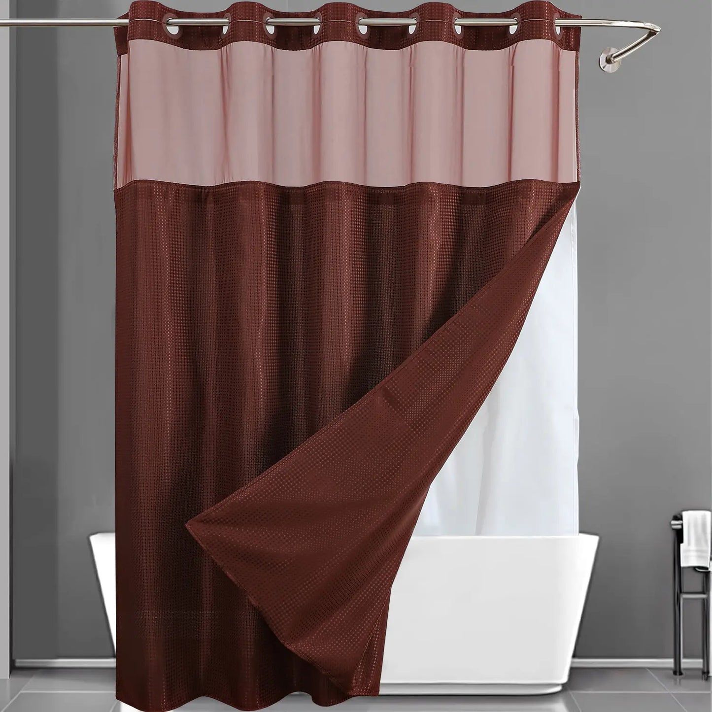 Hotel Style No Hook Shower Curtain Set – Double Layer Waterproof Fabric with Removable Snap-In Liner, 72"x75", Wrinkle & Mold Resistant