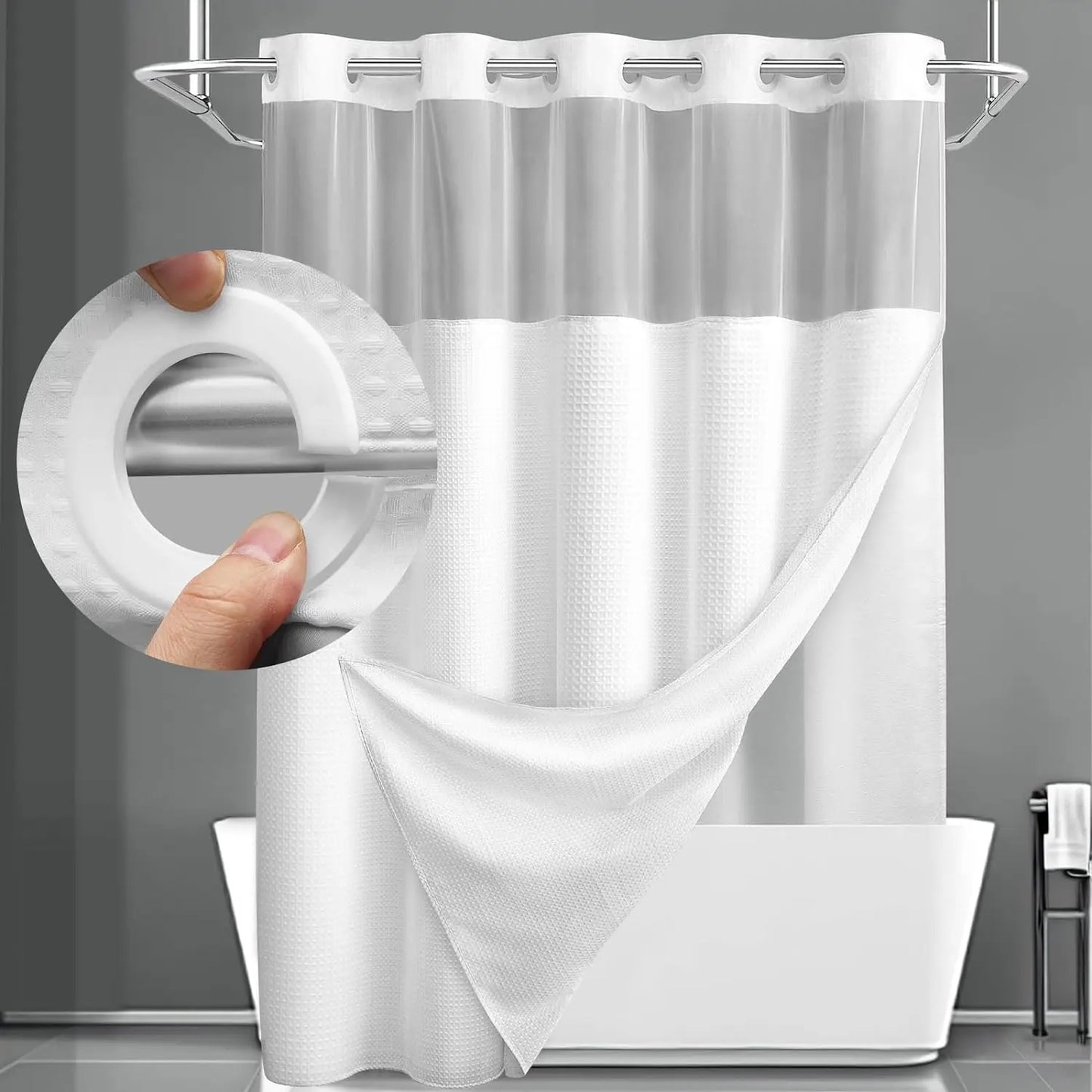 Hotel Style No Hook Shower Curtain Set – Double Layer Waterproof Fabric with Removable Snap-In Liner, 72"x75", Wrinkle & Mold Resistant