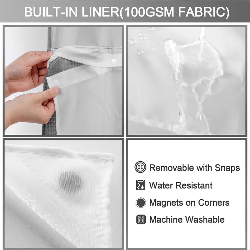 Hotel Style No Hook Shower Curtain Set – Double Layer Waterproof Fabric with Removable Snap-In Liner, 72"x75", Wrinkle & Mold Resistant