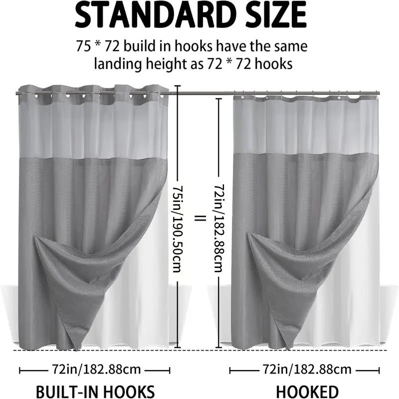 Hotel Style No Hook Shower Curtain Set – Double Layer Waterproof Fabric with Removable Snap-In Liner, 72"x75", Wrinkle & Mold Resistant