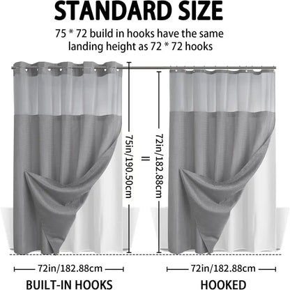 Hotel Style No Hook Shower Curtain Set – Double Layer Waterproof Fabric with Removable Snap-In Liner, 72"x75", Wrinkle & Mold Resistant