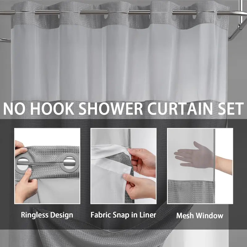 Hotel Style No Hook Shower Curtain Set – Double Layer Waterproof Fabric with Removable Snap-In Liner, 72"x75", Wrinkle & Mold Resistant
