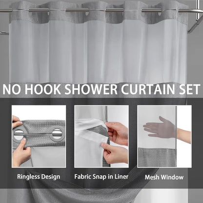 Hotel Style No Hook Shower Curtain Set – Double Layer Waterproof Fabric with Removable Snap-In Liner, 72"x75", Wrinkle & Mold Resistant