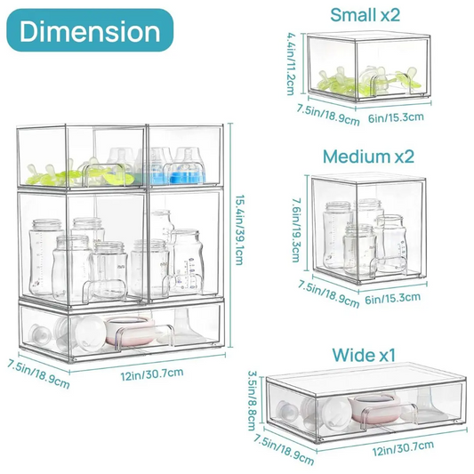 Stackable NurseryBottle Organizer Set(5/8 Pack)-ClearMulti-size StorageBins for BabyEssentials, Vanity,Bathroom & Pantry,BPA-Free