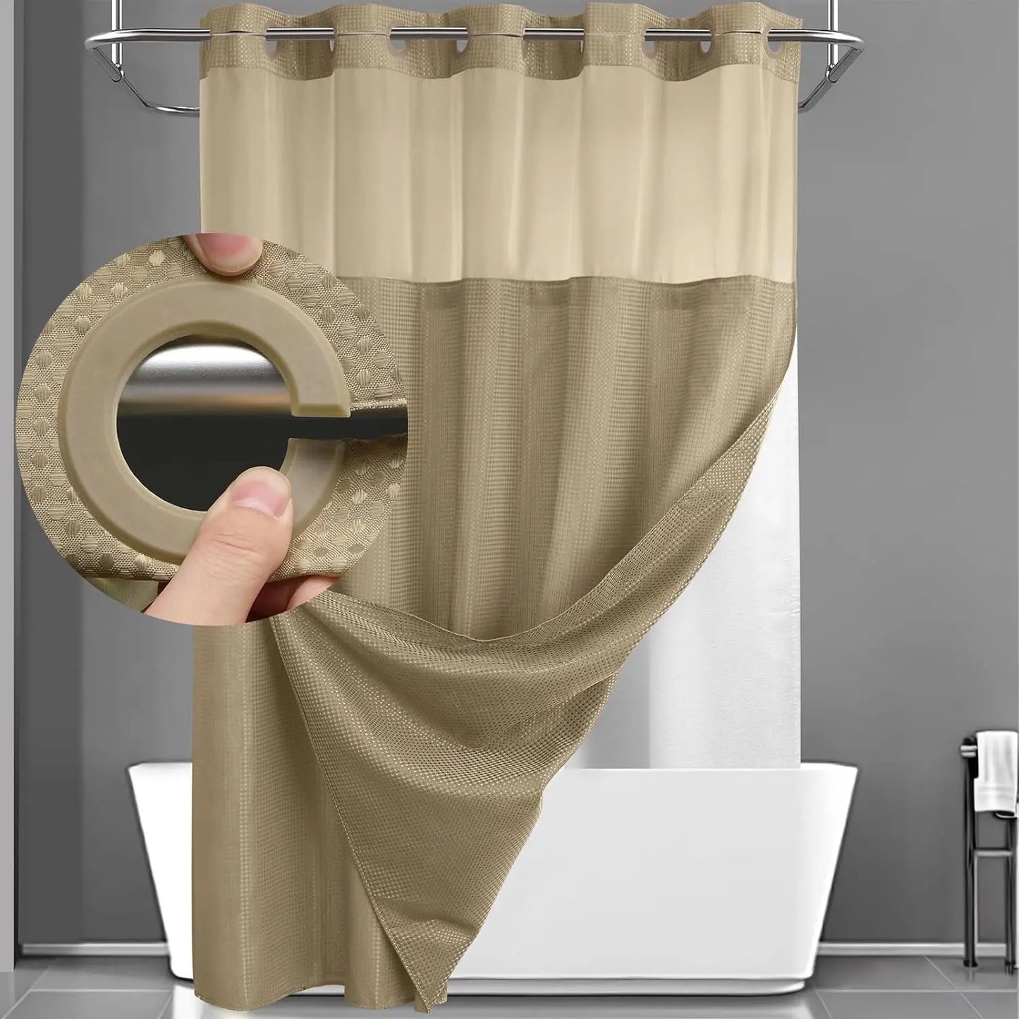 Hotel Style No Hook Shower Curtain Set – Double Layer Waterproof Fabric with Removable Snap-In Liner, 72"x75", Wrinkle & Mold Resistant