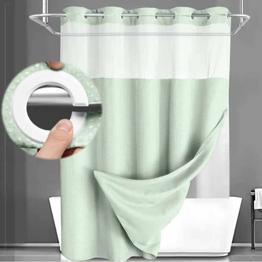 Hotel Style No Hook Shower Curtain Set – Double Layer Waterproof Fabric with Removable Snap-In Liner, 72"x75", Wrinkle & Mold Resistant