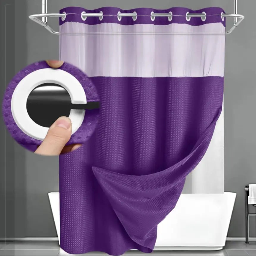 Hotel Style No Hook Shower Curtain Set – Double Layer Waterproof Fabric with Removable Snap-In Liner, 72"x75", Wrinkle & Mold Resistant